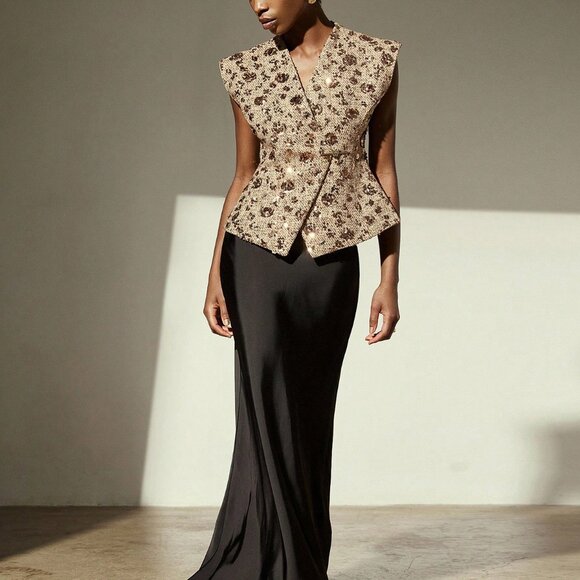 Khaki Women's Elegant Tweed Vest with bronze Sequin Embroidery Design - Picture 6 of 7